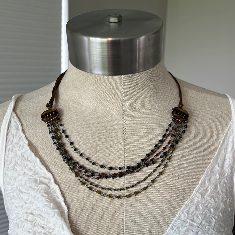 Boho beaded multi strand leather necklace Y2K